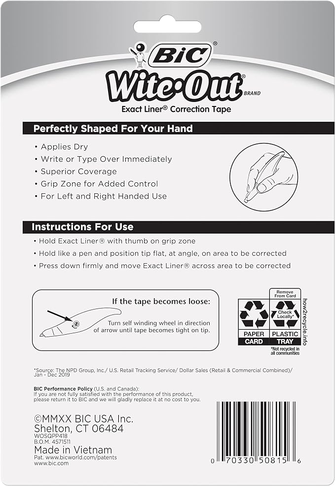 BIC Wite-Out Brand Exact Liner Correction Tape, 19.8 Feet, 4-Count Pack of white Correction Tape, Fast, Clean and Easy to Use Tear-Resistant Tape Office or School Supplies