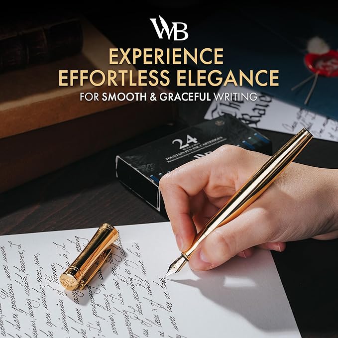 Wordsworth & Black Luxury Fountain Pen - Stunning Gold Pen, 24K Gold Finish,18K Gilded Nib (Medium), Ink Converter, Best Pen Gift Set for Men & Women, Professional, Executive, Office, Nice Pens