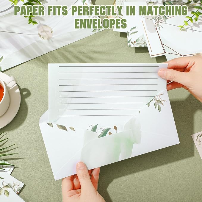 TaoBary 160 Pcs Stationery Paper Set 50 Double Sided Stationery Papers with 50 Matching Envelopes and 60 Round Dot Sticker, 10 Design(Green Leaves,8.5 x 11 Inch)