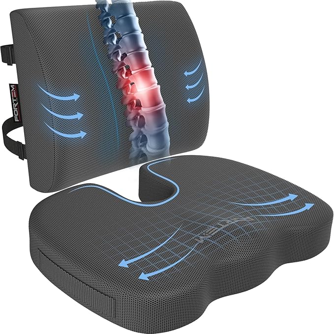 FORTEM Seat Cushion, Office Chair Cushion, Lumbar Support Pillow for Office Chair, Memory Foam Sciatica Coccyx Tailbone Pressure Pain Relief, Car Sitting Pad, Washable Non Slip