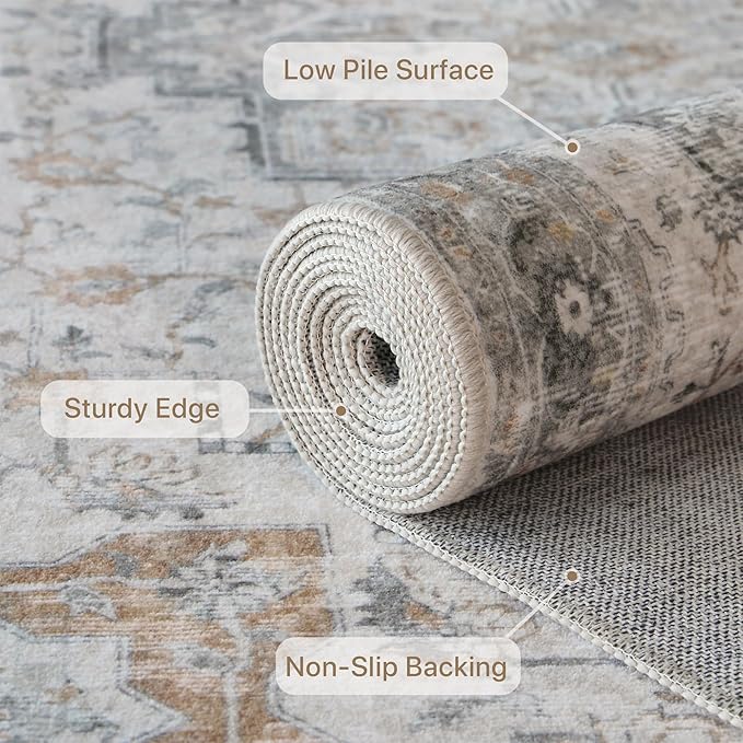 GENIMO 3x12 Runner Rugs for Hallway, Machine Washable Non Slip Vintage Rugs, Low Pile Soft Chenille Print Rug for enrtyway, Corridor, Home Office,Light Taupe Brown