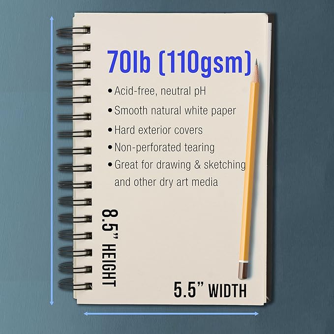 U.S. Art Supply 5.5" x 8.5" Premium Hardbound Sketch Book, 2 Pack, 80 Sheets Each, 70 lb (110gsm) - Hardcover Spiral Bound Artist Field, Small Sketch Pad, Acid-Free Drawing Pad - Adults, Students