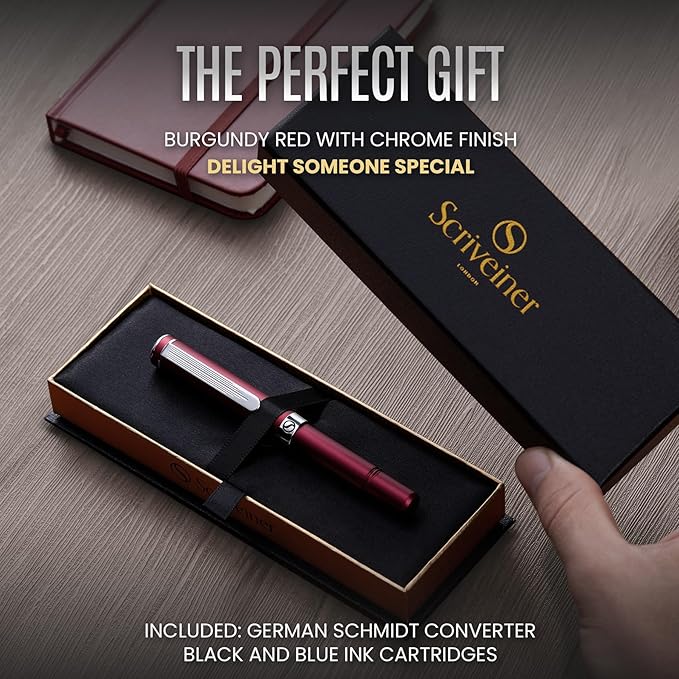Scriveiner Luxury EDC Fountain Pen (Fine), Stunning Matt Red Pocket EDC with Chrome Finish, Schmidt German Nib, Converter, A Great Writing Gift Set for Men & Women, Nice Fancy Office Designer Pen