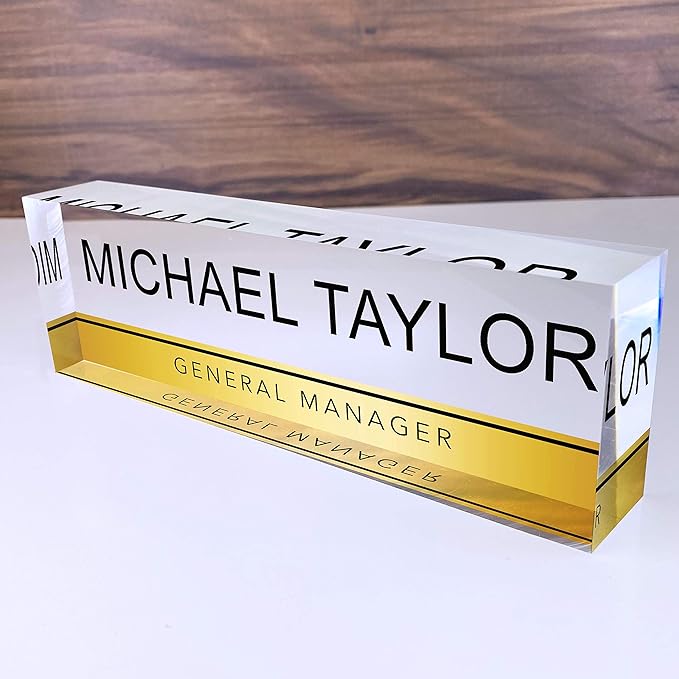 Artblox Personalized Name Plate for Desk | Gold Stripe On Clear Acrylic Glass | Custom Desk Name Plate Personalized with Name and Credentials for Teacher Phd Military Office Name Plate (8" X 2.5")