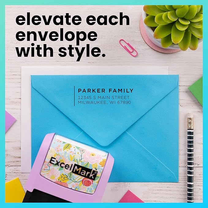 ExcelMark Address Stamp - Custom Return Address Stamp with Elegant Designs, Vibrant Colors & Patterns – Perfect for Mail, Invitations & Gifts (Pink Mount, Modern Line)