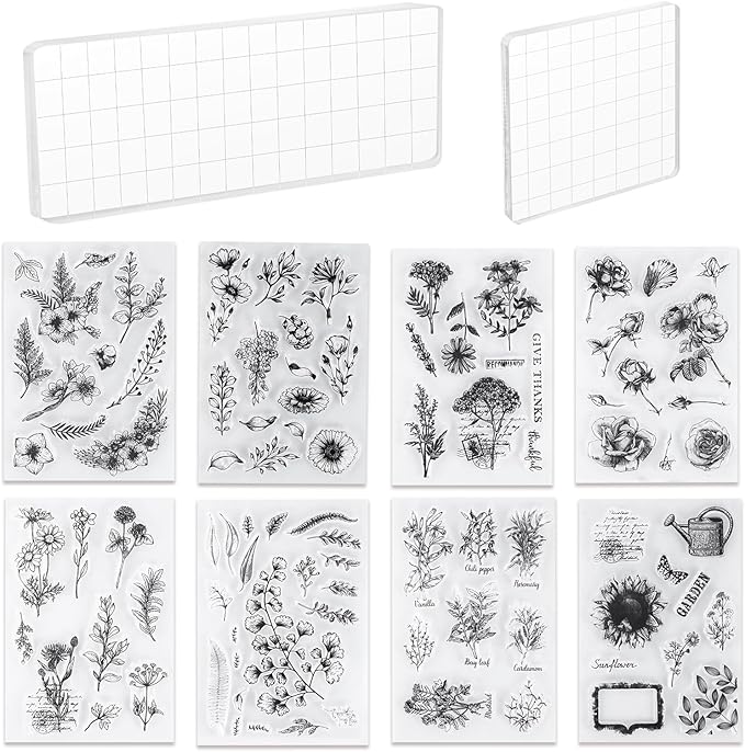 UCEC 8 Sheets Clear Stamps Set, 2 PCS Acrylic Stamp Block (15*5cm & 7.5*7.5cm), Vintage Plants Flower Rubber Silicone Stamps, Scrapbook Clear Stamp for Card Making & DIY Christmas Crafts Decoration