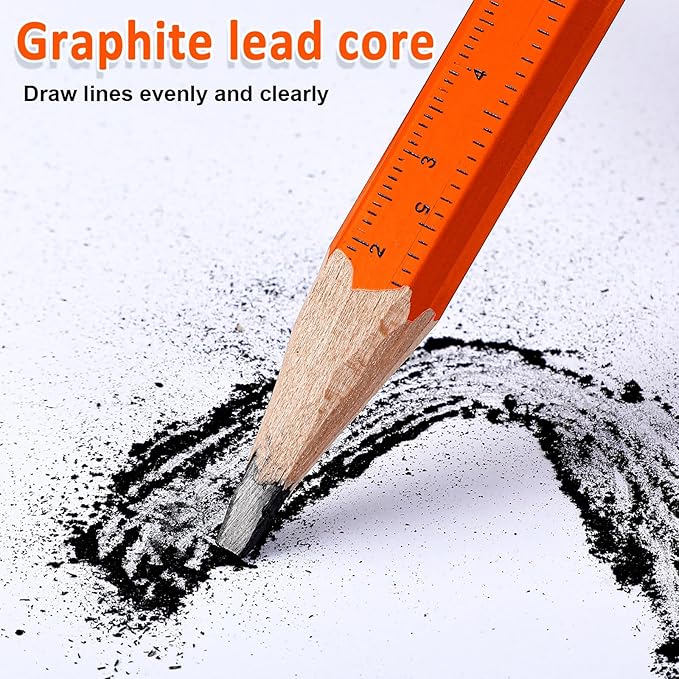 Honoson 200 Pcs Flat Construction Pencils with Printed Ruler Wood Graphite 2 Pcs Carpenter Pencil Sharpener for Woodworking Marking Tool (Orange and Red)