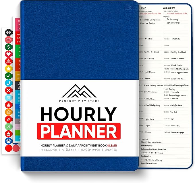Hourly Planner & Appointment Book (8.5” x 11”) - Premium Hourly Planner with Daily Schedule & 30-Minute Time Slots for Better Time Management by PRODUCTIVITY STORE (A4, Navy)