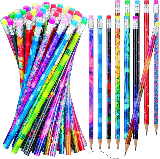 Chinco 50 Pieces Wooden Pencil with Eraser for Kids Assortment Colorful Fun Pencils Bulk with Eraser Kids Novelty Back to School Supplies for Classroom, Student Reward, Stationery Party Favors