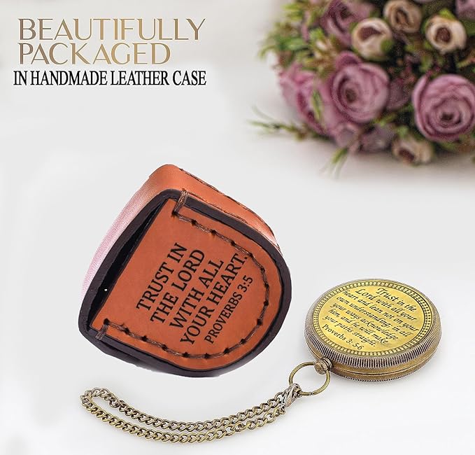 Trust in The Lord With All Your Heart - Proverbs 3:5-6 Quote Engraved Compass With Wooden Box, Greeting Card, Gift Compass, Graduation Day Gifts 2024 for Women Men Boys Girls