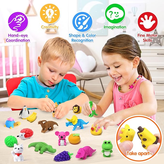 Arscniek 40 Pack 3D Puzzle Animal & Food Erasers for Kids, Take Apart Mini Pencil Erasers, Bulk Party Favors, Classroom Prizes, Treasure Box & Stocking Stuffers