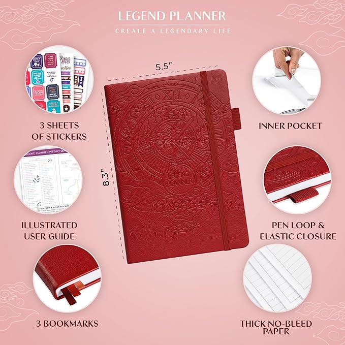 Legend Planner – Weekly & Monthly Life Planner to Hit Your Goals & Live Happier. Organizer Notebook & Productivity Journal. A5 (Red)