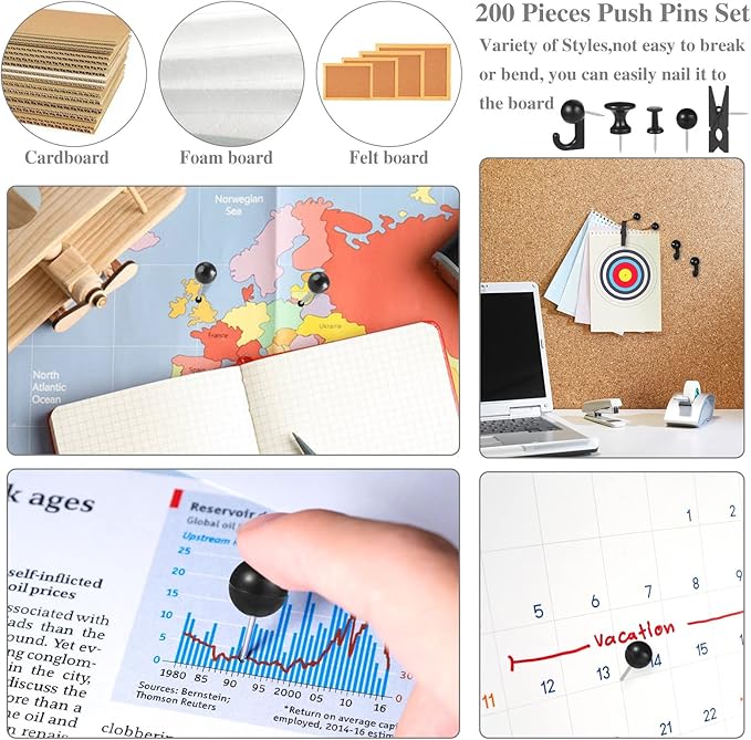 200 Pieces Push Pins Thumb Tacks Black Push Pins for Cork Board, 5 Style for Bulletin Boards Wall Maps Pictures Office Home Supplies