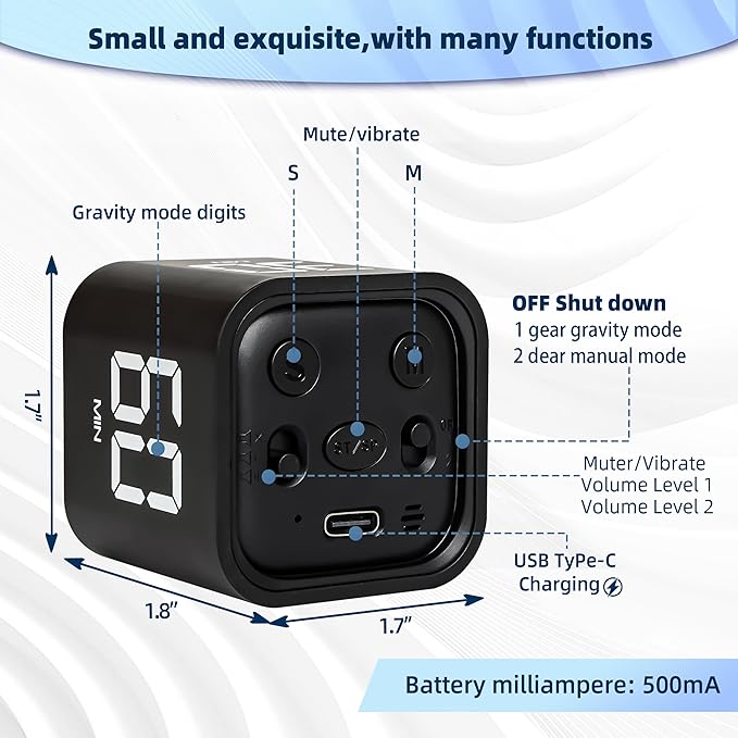 VEWINGL Cube Productivity Timer, 5/10/30/60 Min Presets + Custom Countdown, Silent/Vibrate/Sound Alarm, Pause & Resume, Desk Timer for Work, Study, Tasks, Kitchen