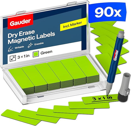 GAUDER Magnetic Labels Writable - Reusable Magnet Tags for Whiteboard, Chalkboard, Kanban Board and Refrigerator - Magnet Cards with Marker (90 Pack - 3 x 1 Inches)