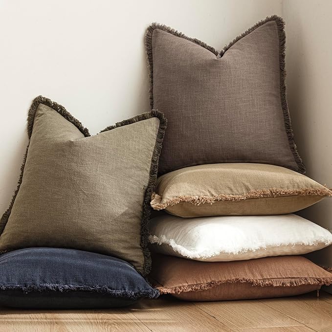 Foindtower Set of 2 Decorative Linen Fringe Throw Pillow Covers Cozy Farmhouse Cushion Cover with Tassels Accent Pillowcase for Couch Chair Sofa Bed Living Room Home Decor,24×24 Inch,Light Coffee