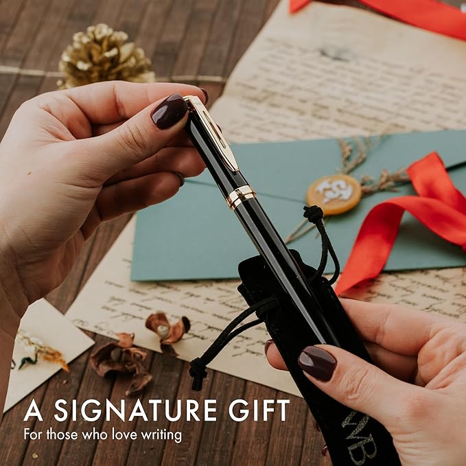Wordsworth & Black Fountain Pen Set, 18K Gilded Extra Fine Nib, Includes 24 Pack Ink Cartridges, Ink Refill Converter & Gift Pouch, Gold Finish, Calligraphy, [Black Gold], Perfect for Men & Women