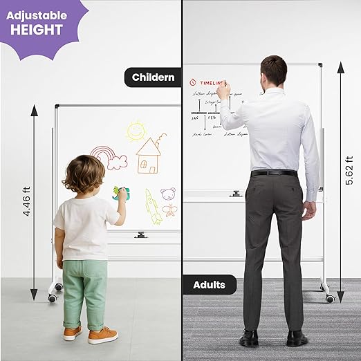 VUSIGN Rolling Dry Erase Board, 48 x 36 Inches Double-Side White Board on Wheels, Height Adjust Mobile White Boards, Large Portable Whiteboard with Stand for Office, Classroom & Home