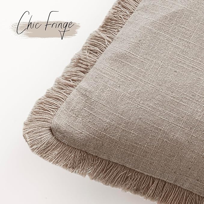 Foindtower Set of 2 Decorative Linen Fringe Throw Pillow Covers Farmhouse Cushion Cover with Tassels Soft Accent Pillowcase for Couch Chair Sofa Bed Living Room Home Decor,18×18 Inch,Natural Linen