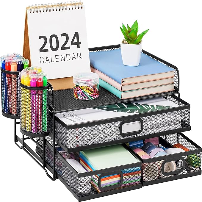 Marbrasse 3 Tier Mesh Desk Organizer with Drawer, Multi-Functional Desk Organizers and Accessories, Paper Letter Organizer with 2 Pen Holder for Home Office Supplies (Black)