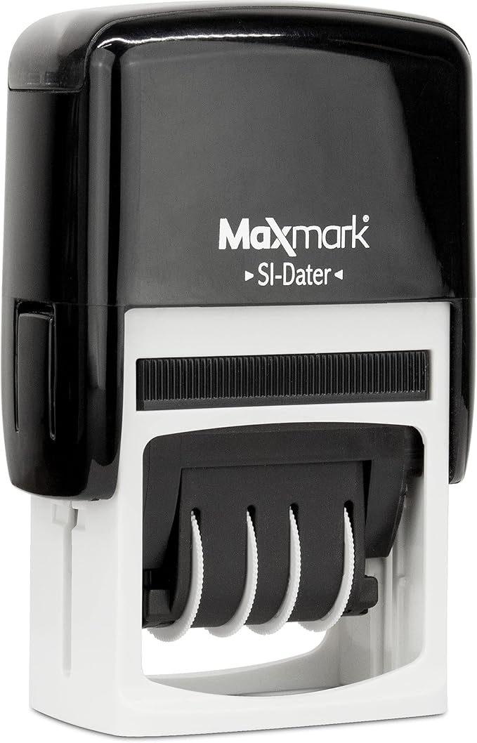 MaxMark Office Self Inking Date Stamp with Phrase Entered - Red Ink