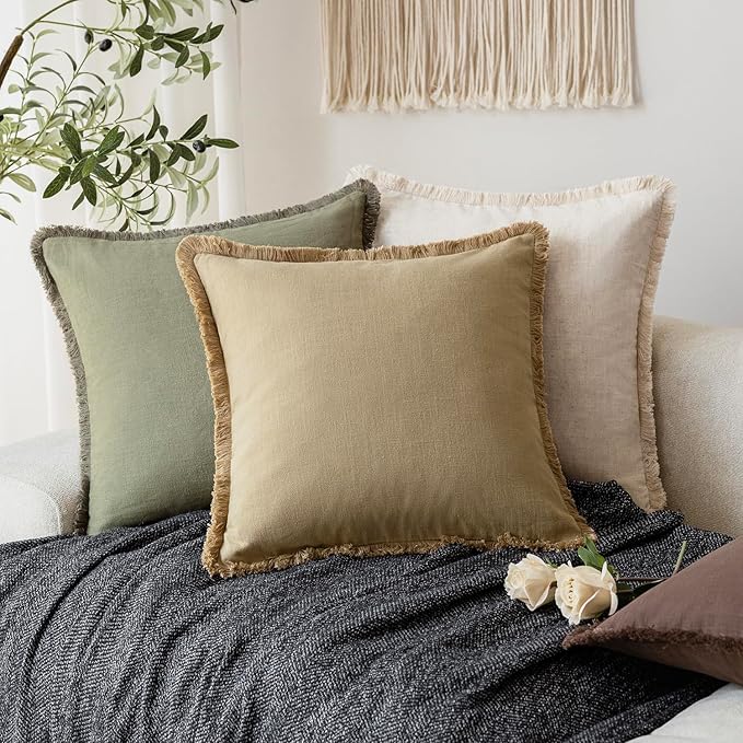 Foindtower Set of 2 Decorative Linen Fringe Throw Pillow Covers Farmhouse Cushion Cover with Tassels Lumbar Accent Pillowcase for Bed Couch Living Room Home Bedroom Decor,12×24 Inch,Light Khaki Taupe