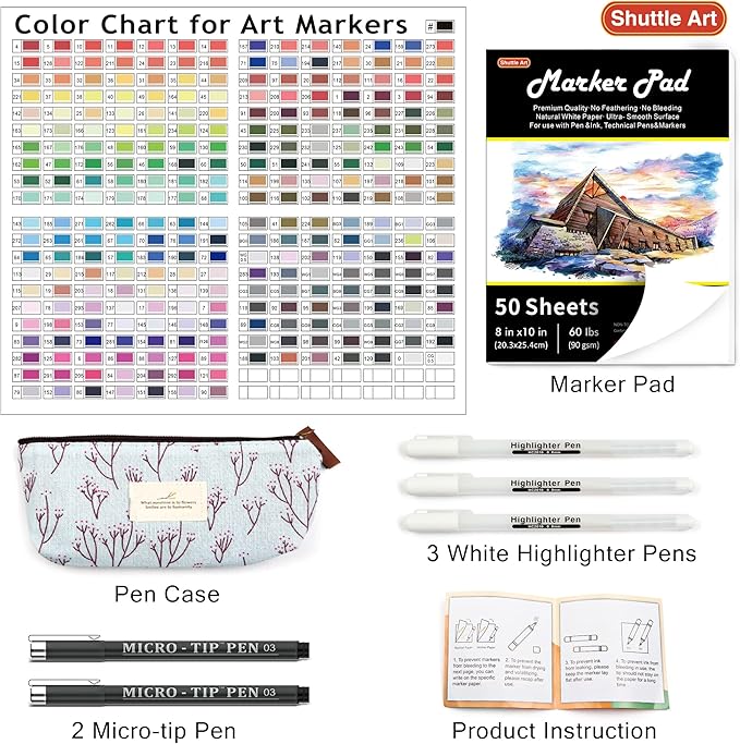 Shuttle Art 280 Colors Dual Tip Alcohol Based Art Markers, 279 Colors Permanent Marker Plus Colorless Blender, Micro-tip Pens, White Highlighter Pens, Marker Bag with Holders for Kids Adult Coloring