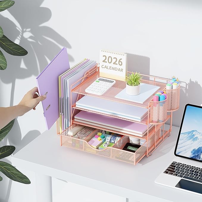 gianotter Desk Organizers and Accessories with File Holder, 4-Tier Desk Accessories & Workspace Organizers with Drawer and 2 Pen Holder, Paper Organizer for Office Supplies (Rose Gold)