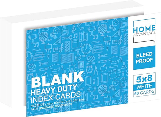 Home Advantage 5x8 Blank Index Cards - Our 50 Pack of Plain Index Cards Use Heavy Duty Cardstock to Make Them Bleed Proof - These Big Flash Cards Make Perfect Blank Note Cards & Blank Flashcards