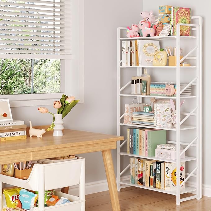 JSB No Assembly Folding Bookshelf, 6 Tier Industrial Metal Book Shelf for Storage, Vintage Wood Foldable Bookcase for Living Room, Bedroom, Office Organization Shelves