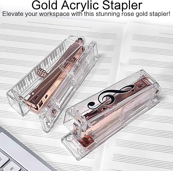 Gold Acrylic Stapler, Cute Office Stapler with 25 Sheets Capacity and Hold 100 Staples Unique and Stylish Design for Home Office Desktop (Piano-Key/High Note) (High Note)