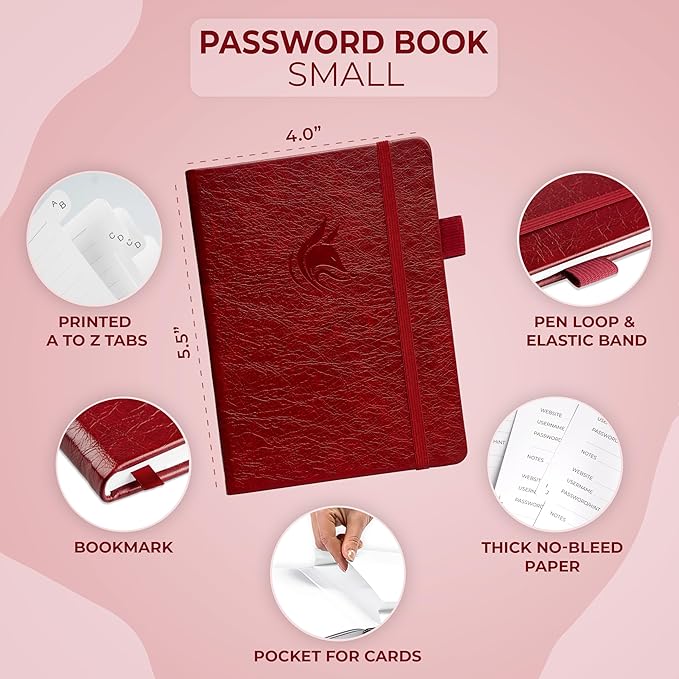 Clever Fox Password Book with alphabetical tabs. Internet Address Organizer Logbook. Small Pocket Password Keeper for Website Logins (Wine Red)