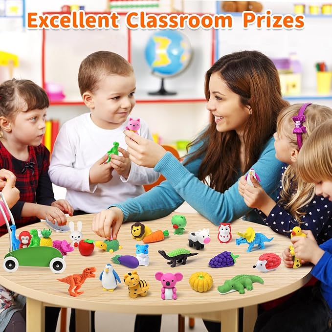 Arscniek 40 Pack 3D Puzzle Animal & Food Erasers for Kids, Take Apart Mini Pencil Erasers, Bulk Party Favors, Classroom Prizes, Treasure Box & Stocking Stuffers