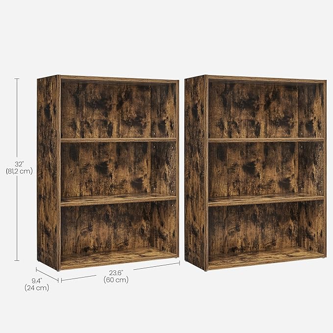 VASAGLE Set of 2 Bookshelves, 23.6 Inches Wide, 3-Tier Open Bookcases with Adjustable Storage Shelves, Floor Standing Units, Rustic Brown ULBC163X01-2