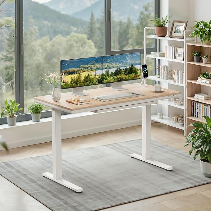 Furmax Electric Standing Desk with Drawers, Adjustable Height Sit Stand Desk with One-Piece Desktop & USB Charging Port for Home Office Computer Desks (Bamboo Desktop, 48 Inch)