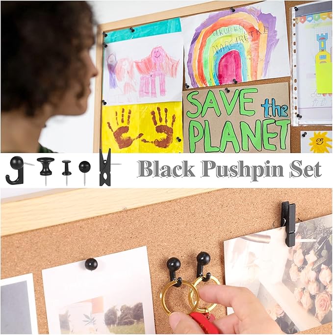 200 Pieces Push Pins Thumb Tacks Black Push Pins for Cork Board, 5 Style for Bulletin Boards Wall Maps Pictures Office Home Supplies