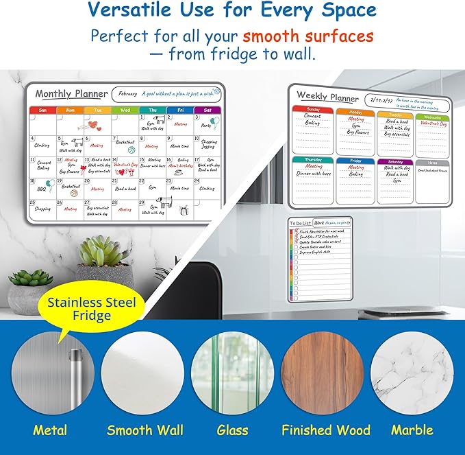 4-Pack Non-Magnetic Dry Erase Calendar Board Set – Monthly, Weekly, Daily, to-Do List Planner – Whiteboard for Stainless Steel Fridge, Wall, Glass, Door – Family, Office, Classroom Organizer