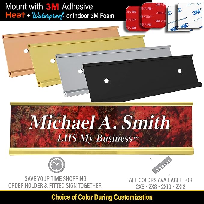 Personalized Name Plate with Choice of Mounting for Walls, Doors, Desk Holders, Cubicles, Hanging and More - Custom Mojave Black Plastic White Letters - USA Made 2x8 - N8