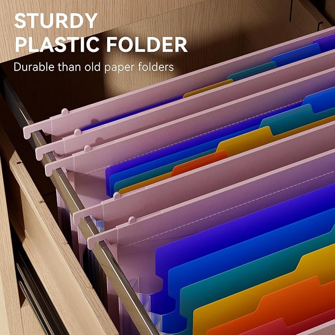 ThinkTex Plastic Expanding Hanging File Folders, 7 Innovative 1.2" Accordion Pockets, Large Capacity, Multi-Color Tabs, Letter Size for Filing Cabinet - Purple