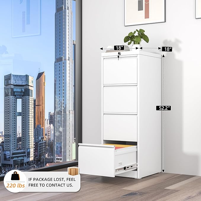 INTERGREAT 4 Drawer File Cabinet, White Metal Filing Cabinet with Lock, Tall Locking File Cabinets with 4 Adjustable Hanging Frame for Home Office