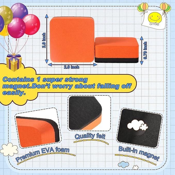 TaoBary Taobary 96 Pack Mini Dry Erase Erasers Bulk Magnetic Whiteboard Dry Erasers Classroom Supplies Whiteboard Chalkboard Cleaner for Teacher Kids School Office, 1.97 x 1.97 Inch (Colorful)