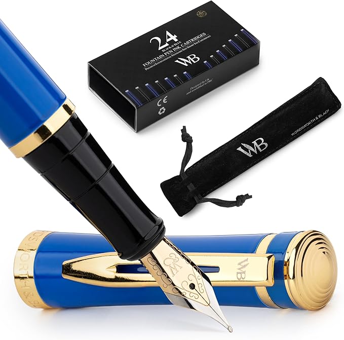 Wordsworth & Black Fountain Pen Set, 18K Gilded Medium Nib, Includes 24 Pack Ink Cartridges, Ink Refill Converter & Gift Pouch, Gold Finish, Calligraphy, [Imperial Blue], Perfect for Men & Women…