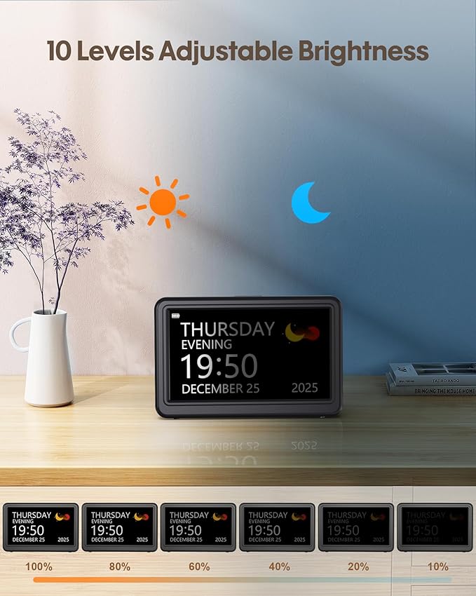 Clock with Day and Date for Elderly Battery Operated, Rechargeable Digital Calendar Clock with 12 Display Modes, 20 Alarms and Medicine Reminders, Dementia Clocks for Seniors Memory Loss Alzheimer's