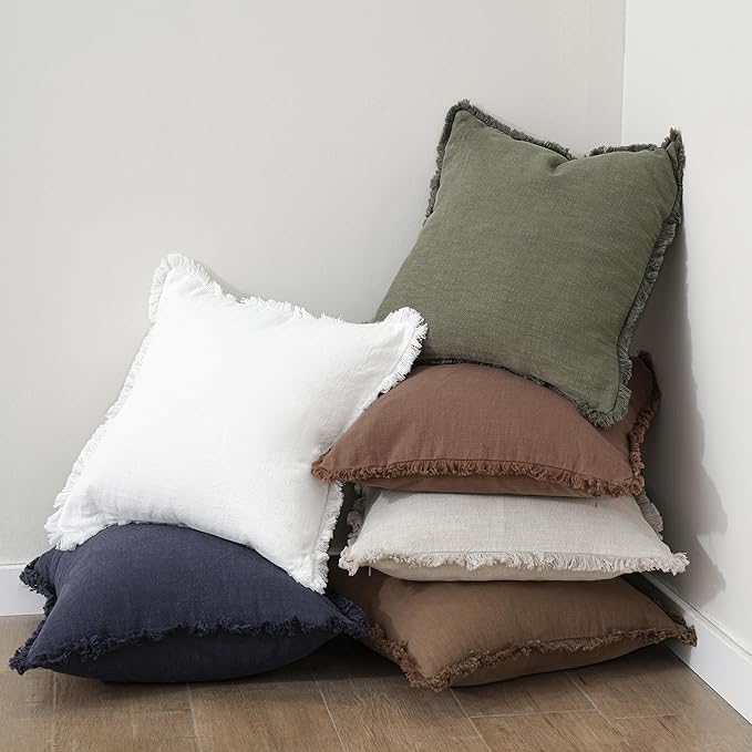 Foindtower Set of 2 Decorative Linen Fringe Throw Pillow Covers Cozy Farmhouse Boho Cushion Cover with Tassels Soft Accent Pillowcase for Couch Sofa Bed Living Room Home Decor 20×20 Inch Olive Green