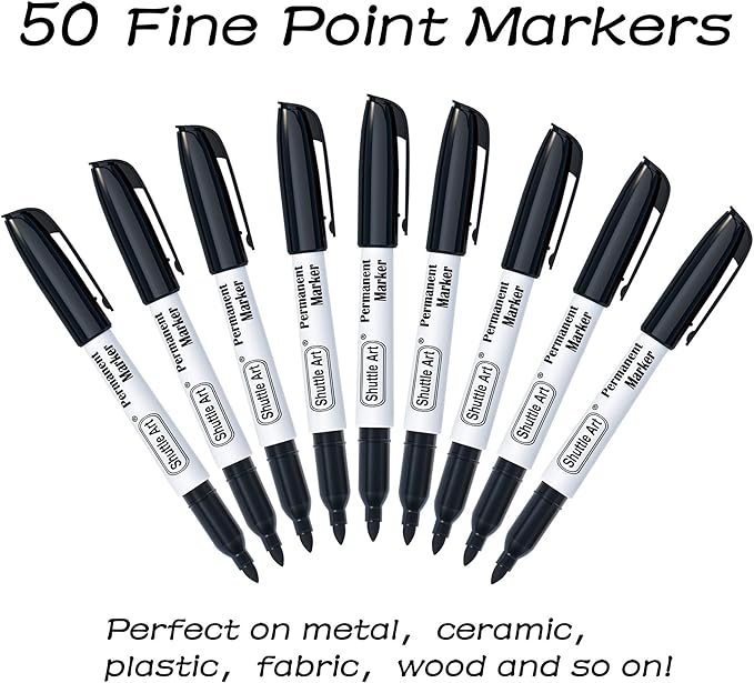 Shuttle Art Permanent Markers, 50 Pack Black Permanent Marker set,Fine Point, Works on Plastic,Wood,Stone,Metal and Glass for Doodling, Marking