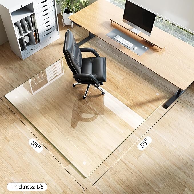 Koonmi Tempered Glass Chair Mat for Hardwood Floors & Carpets, 55" x 55“ Transparent Heavy Duty Office Floor Protector with Noise-Free Gliding Shatterproof for Home Office Desk