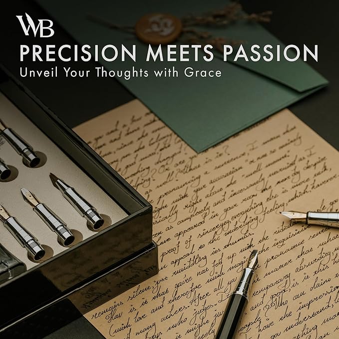 Wordsworth & Black Calligraphy Pen Gift Set, Includes Bottle, 6 Cartridges, Refill Converter, 6 Replacement Nibs, Premium Package, Journaling, Smooth Writing Pens [Black Chrome]