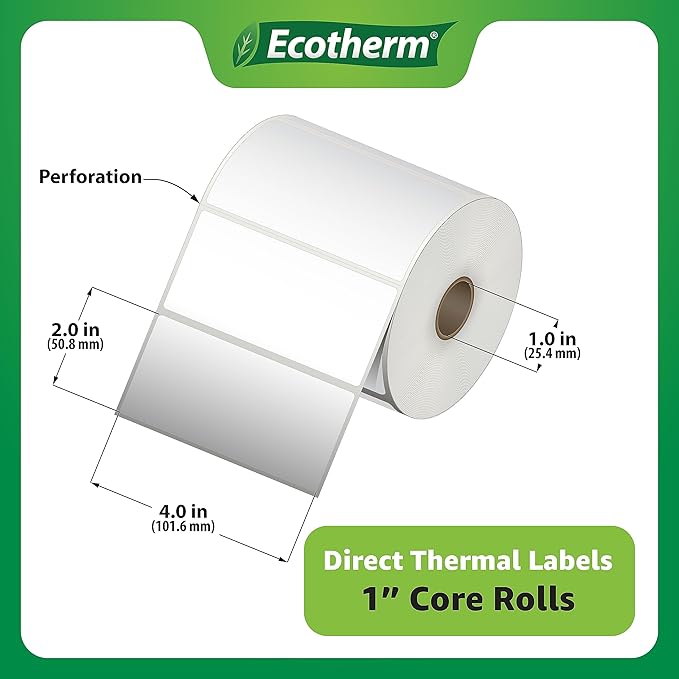 4" x 2" Thermal Labels | 4 Rolls | 3040 Labels | fits Zebra, Munbyn, Rollo, Godex, Arkscan, iDPRT, Offnova Thermal Label Printers and More | Blank White Adhesive Stickers by Ecotherm