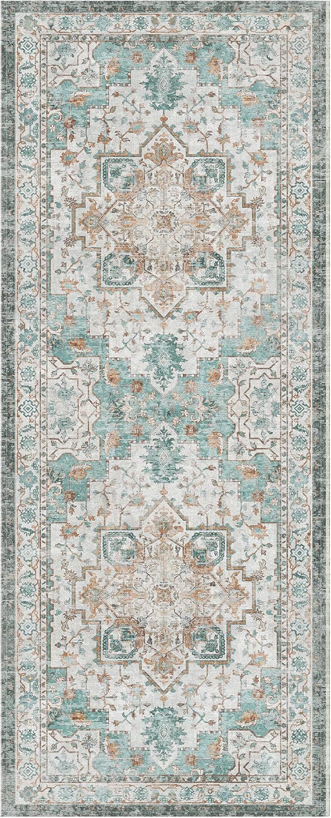 GENIMO 2x10 Runner Rugs for Hallway, Machine Washable Non Slip Vintage Rugs, Low Pile Lightweight Soft Print Rug for enrtyway, Corridor, Home Office, Kitchen, Cyan