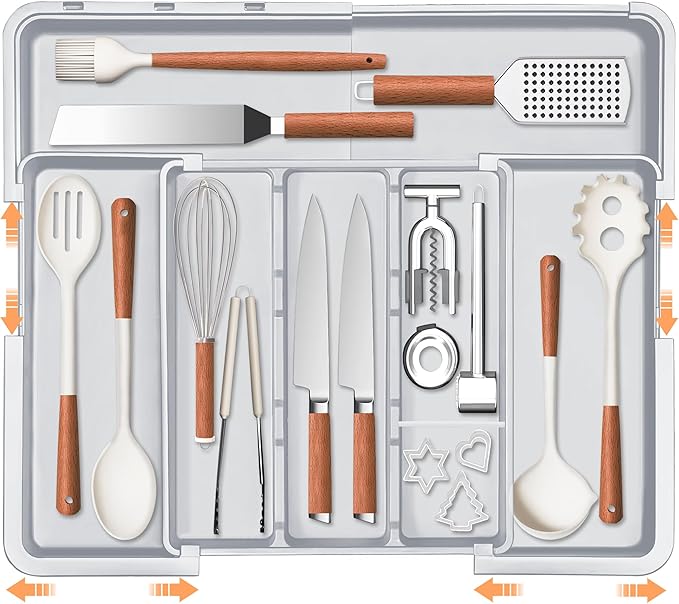 Spaclear Large Utensil Drawer Organizer Expandable Silverware Organizer for Kitchen Drawer Adjustable Cooking Utensil Holder Cutlery Flatware Tray Spatula Tools Gadgets Storage Dividers Plastic Grey